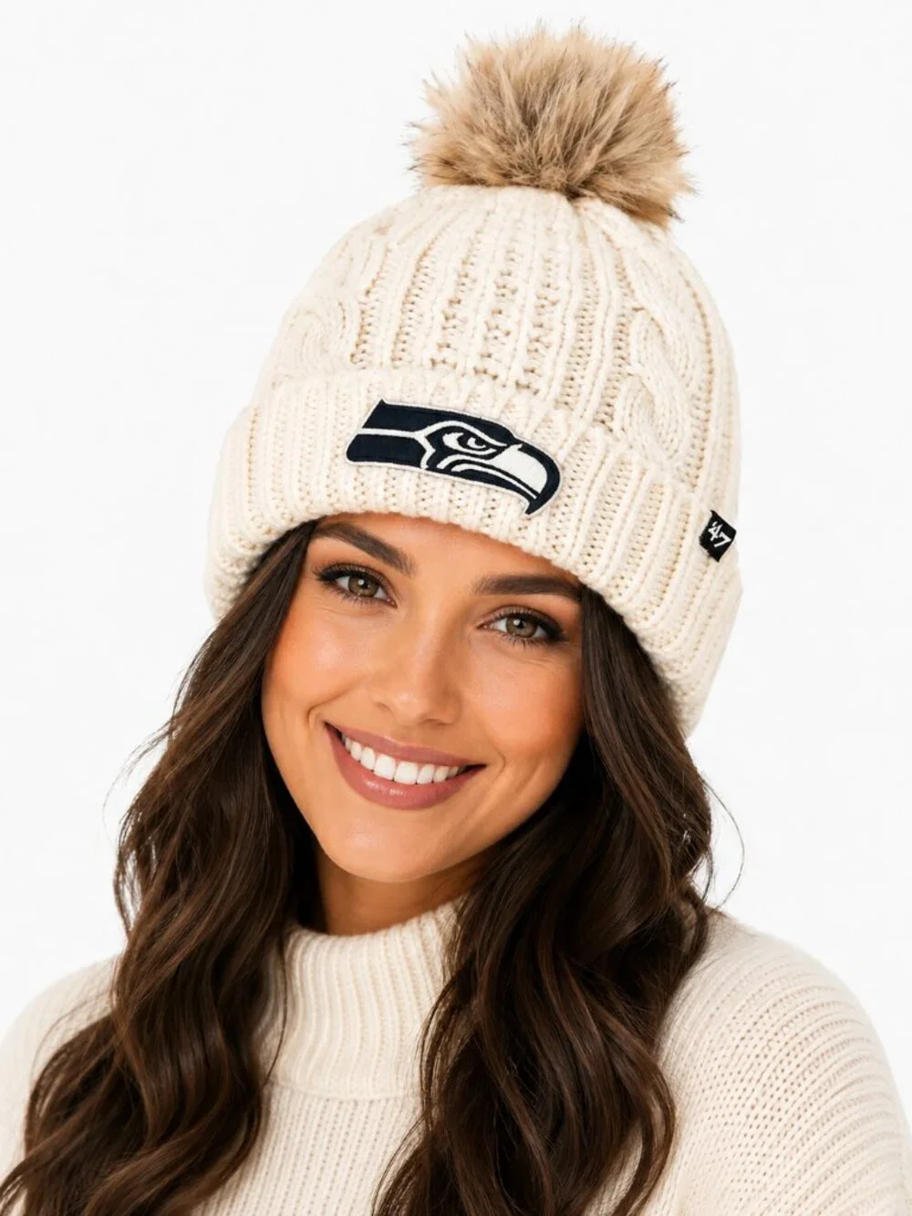 Seattle Seahawks Womens Hat '47 Meeko Cable Knit Faux Fur Pom Embroidered New